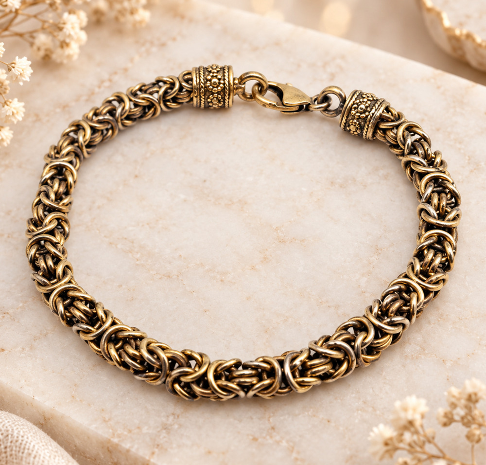 Vintage 925 Sterling Silver Byzantine Bracelet 8” Gold Tone 21.19g Estate Boho